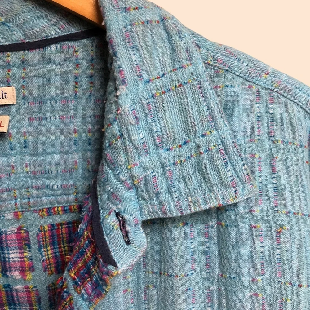 Carbon2Cobalt Blue Patchwork Stitched Boho Button Down Shirt Color Womens Large - Picture 11 of 13